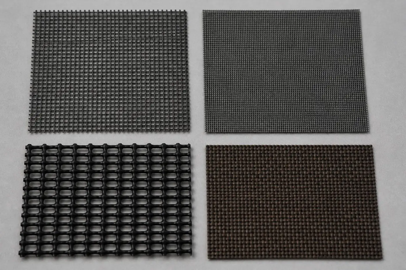 Comparison of screen mesh types: fiberglass, no-see-um, pet-resistant, and solar screen