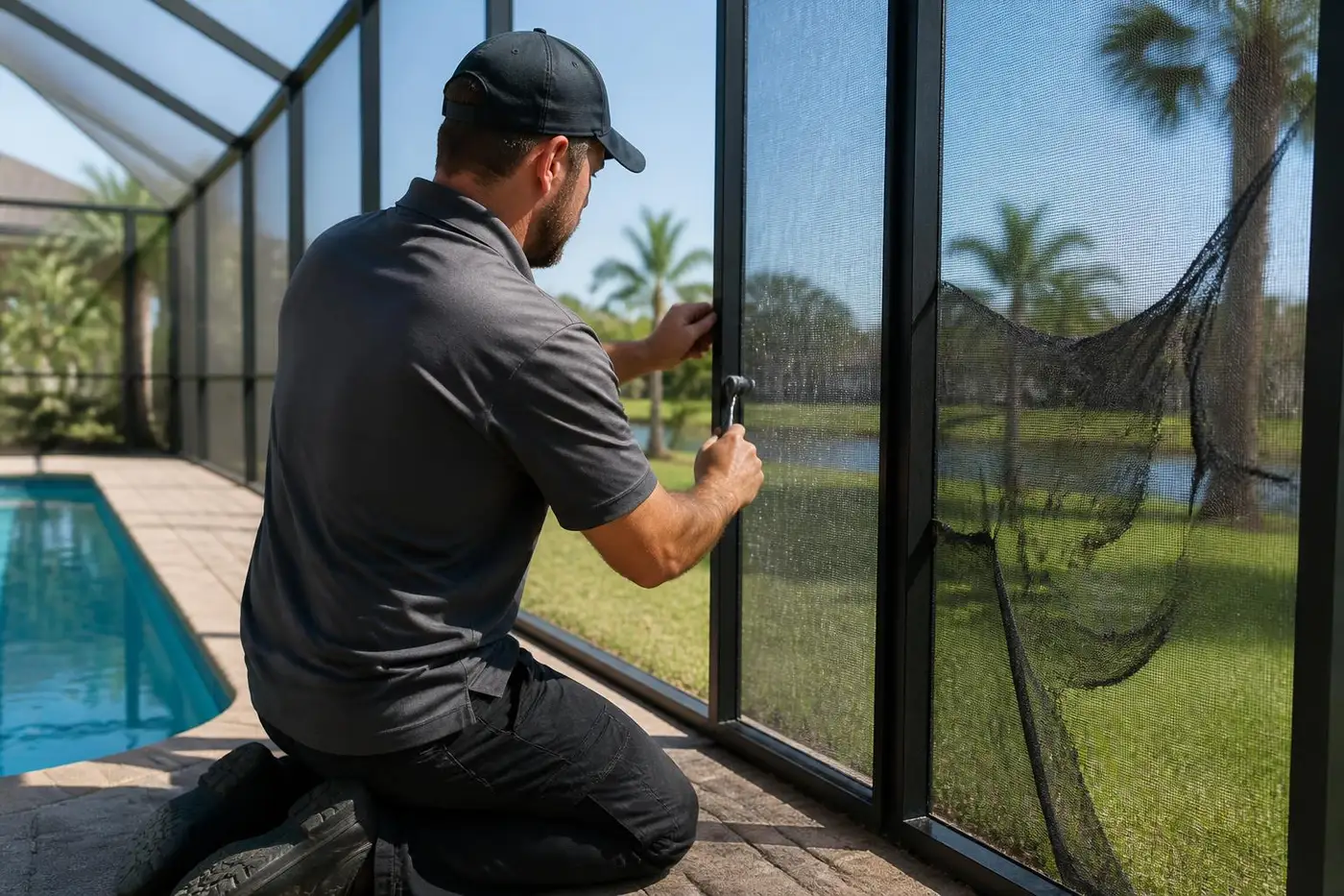 Technician repairing a screen enclosure in Jacksonville FL