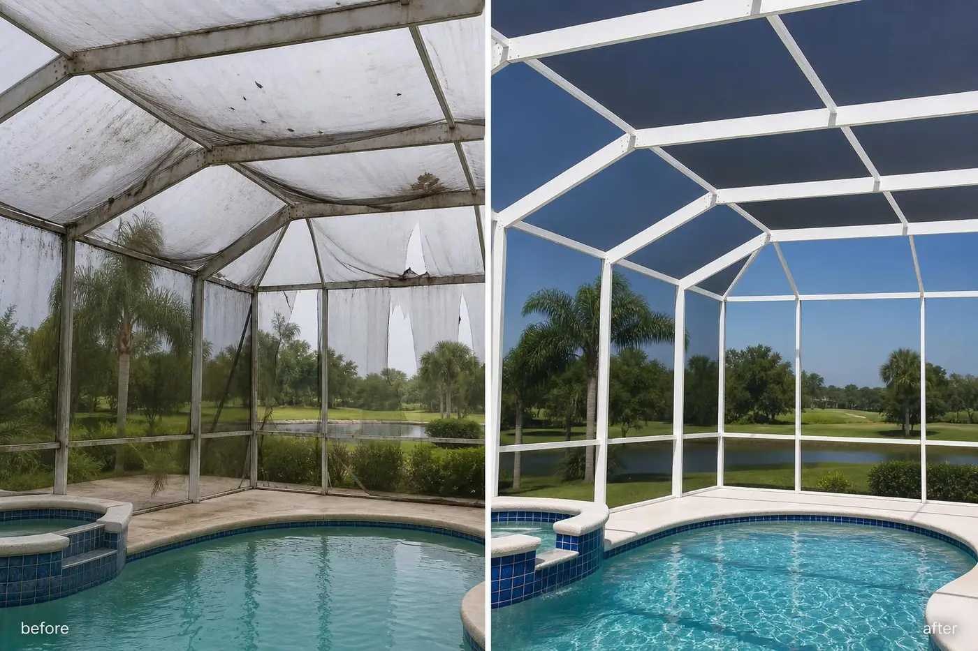 Before and after of a Jacksonville pool screen enclosure repair and rescreen