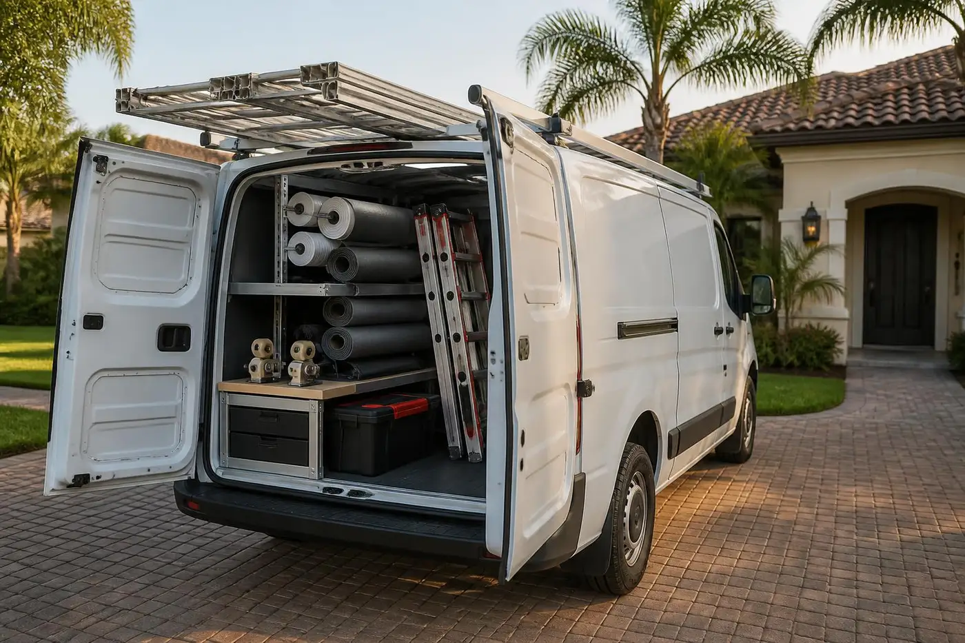 Screen repair service van stocked with mesh rolls, spline tools, and ladders in Jacksonville FL